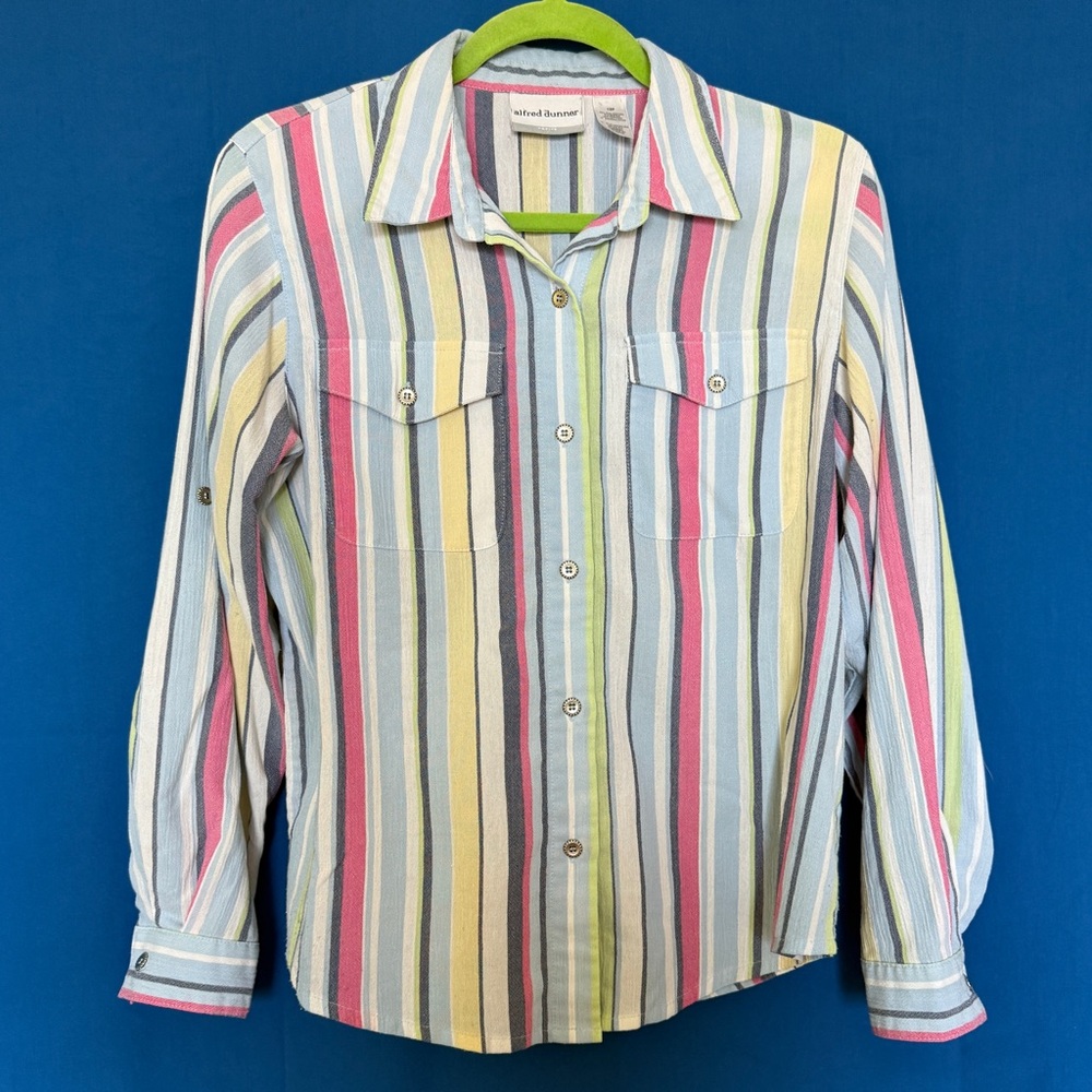 Alfred Dunner Roll Tab Sleeves Multicolor Striped Button Up Blouse Top 12P